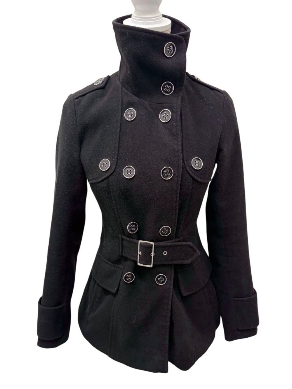 George Women’s Rich Black Double Breasted Belted High Collar Trench Coat XS 0-2
